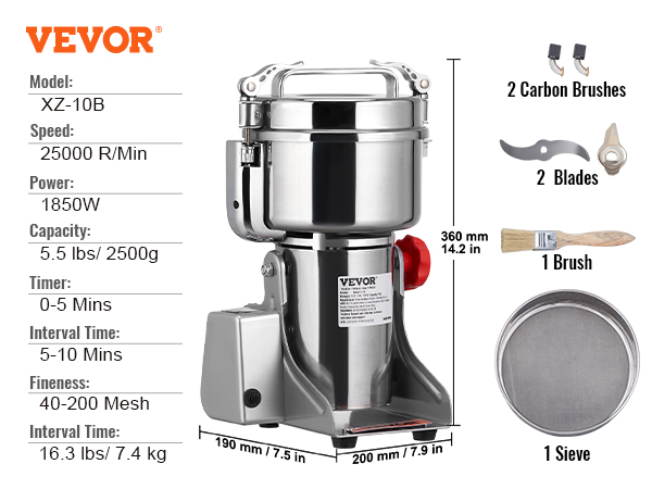 VEVOR electric grain mill xz-10b, 1850w, 25000 rpm, 5.5 lbs capacity, includes 2 blades, brush, sieve.