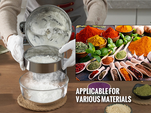 person using VEVOR electric grain mill with spices, herbs, and grains displayed, highlighting versatility.