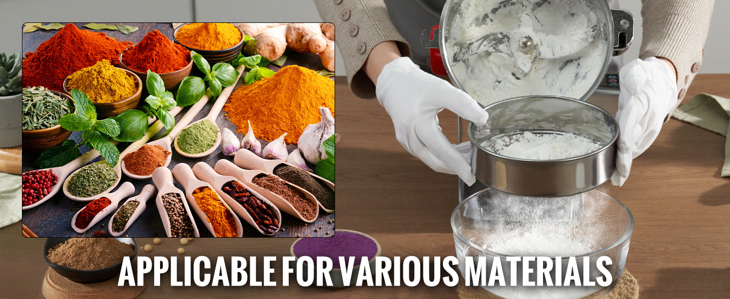 person using VEVOR electric grain mill with spices, herbs, and grains displayed, highlighting versatility.