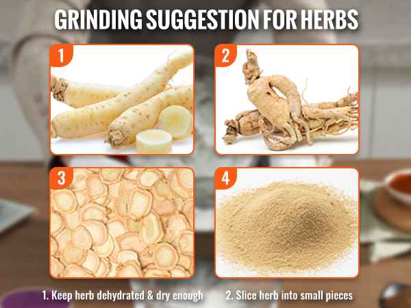 grinding suggestions for herbs using VEVOR electric grain mill: dehydrated herbs, sliced small, ground fine.