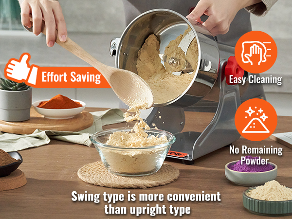 VEVOR electric grain mill with easy cleaning, no remaining powder, and effort-saving swing type design.