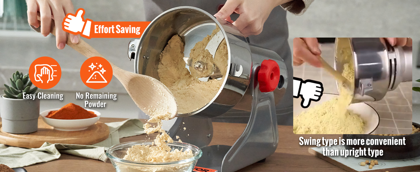 VEVOR electric grain mill with easy cleaning, no remaining powder, and effort-saving swing type design.