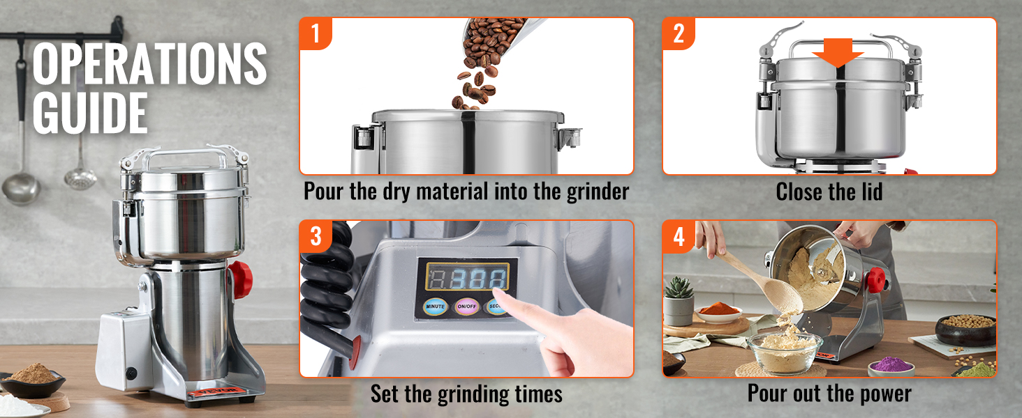 operations guide for VEVOR electric grain mill: pour grains, close lid, set timer, grind, pour out result.