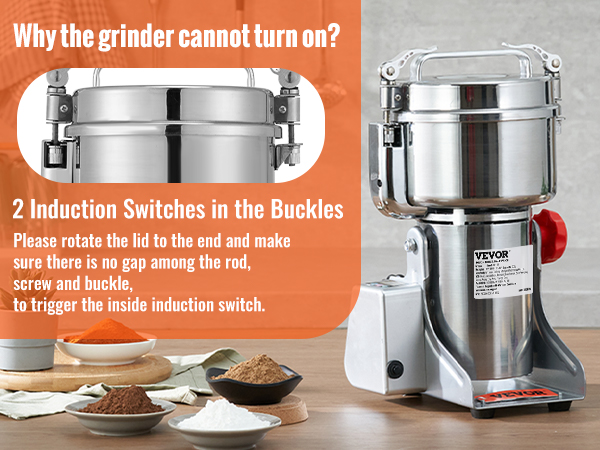 VEVOR electric grain mill with 2 induction switches in buckles, shown with various grains and spices.