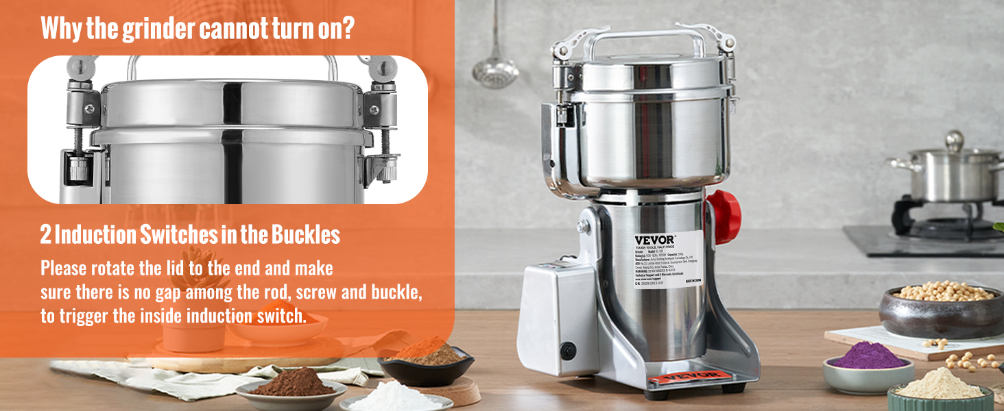 VEVOR electric grain mill with 2 induction switches in buckles, shown with various grains and spices.