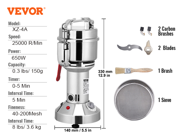 VEVOR electric grain mill grinder xz-4a with 650w power, 25000 rpm, 150g capacity, 40-200 mesh fineness.