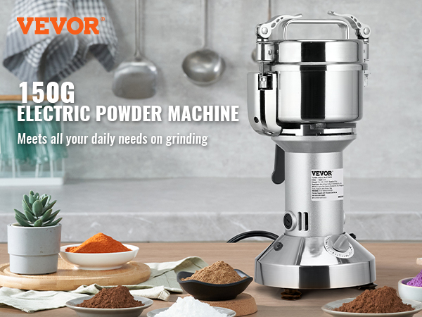 VEVOR electric grain mill grinder with various ground spices and utensils on a kitchen countertop.