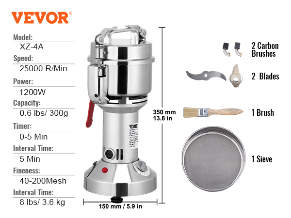 VEVOR electric grain mill with 1200w power, 25000 r/min speed, and accessories including blades, brush, and sieve.