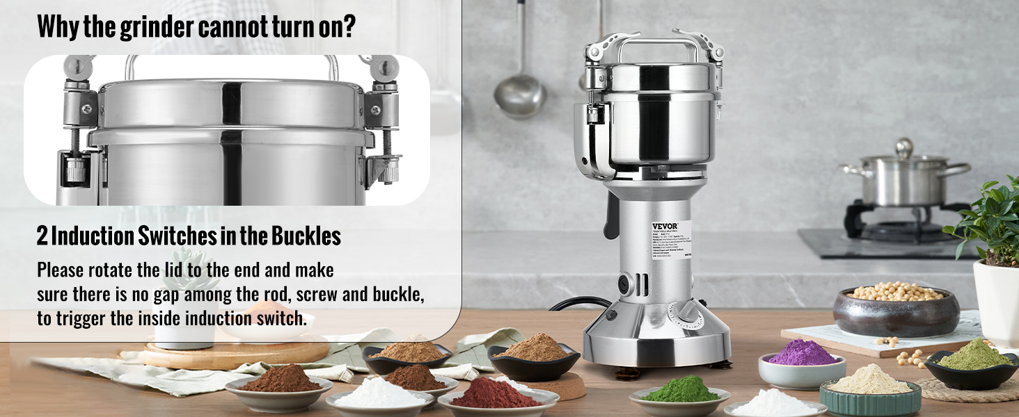 VEVOR electric grain mill with induction switches, diverse ground grains on a kitchen countertop.