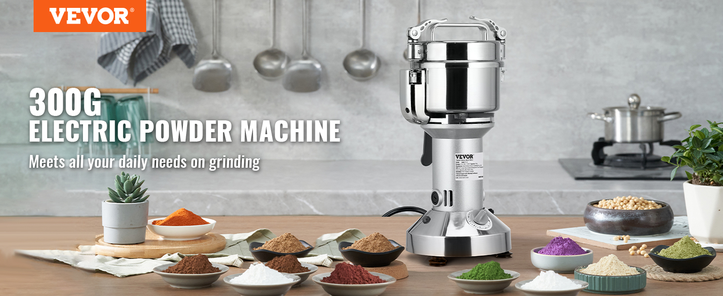 VEVOR electric grain mill in a kitchen with various ground powders, utensils, and plants on a counter.