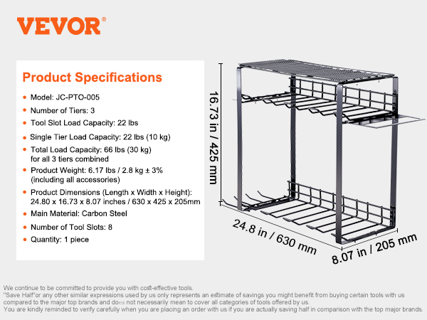 VEVOR power tool organizer, 3 tiers, carbon steel, 8 slots, total load 66 lbs, dimensions 24.8 x 16.73 x 8.07 in.