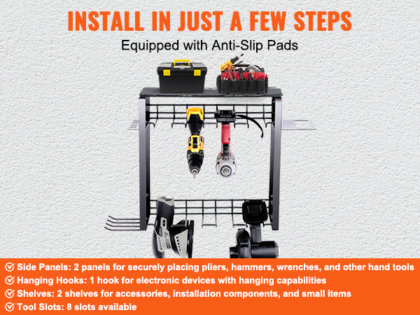VEVOR power tool organizer with side panels, shelves, hanging hooks, and tool slots for easy installation.