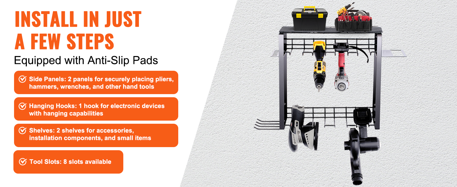 VEVOR power tool organizer with side panels, shelves, hanging hooks, and tool slots for easy installation.