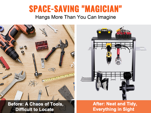 VEVOR power tool organizer comparison: chaotic tools vs. organized and neat storage solution.