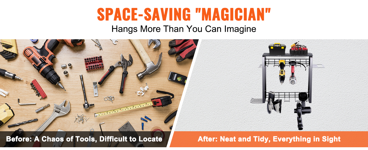 VEVOR power tool organizer comparison: chaotic tools vs. organized and neat storage solution.