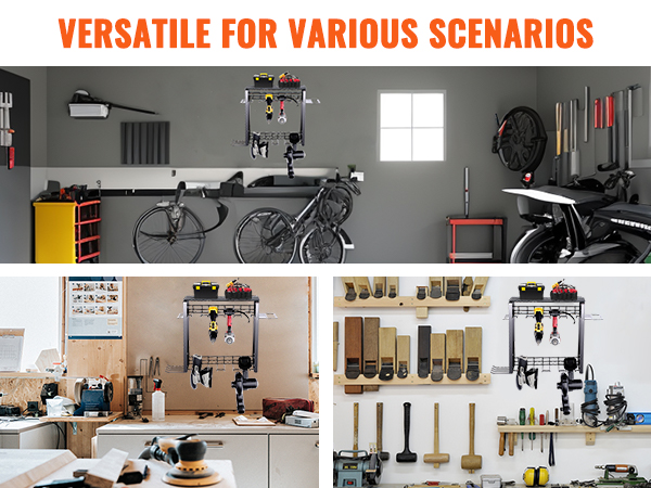 VEVOR power tool organizer displayed in garage, warehouse, and workshop settings for various scenarios.