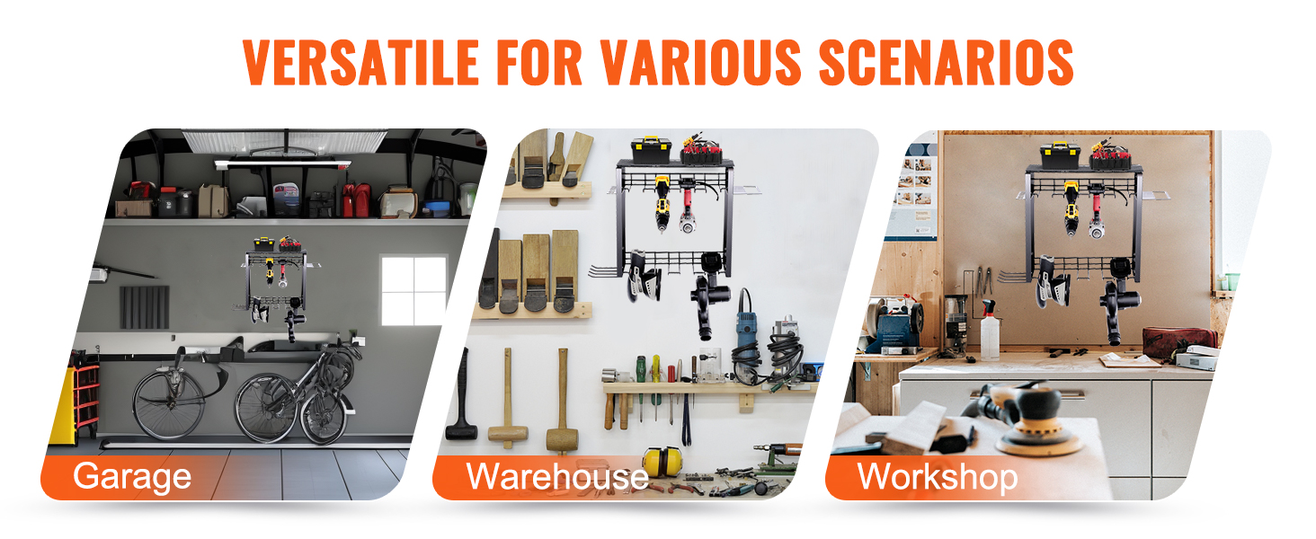 VEVOR power tool organizer displayed in garage, warehouse, and workshop settings for various scenarios.