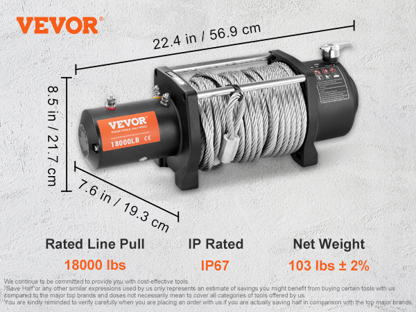 VEVOR electric winch with 18000 lbs rated pull, 2 in 1 remote control, and ip67 rating.