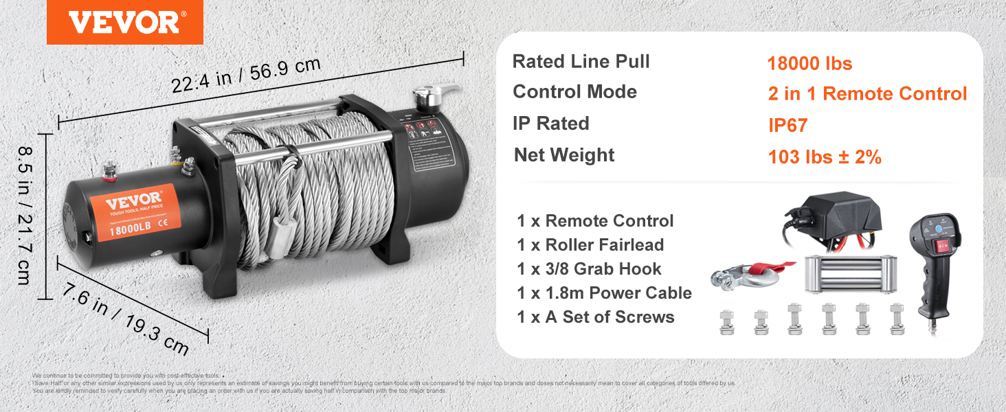 VEVOR electric winch with 18000 lbs rated pull, 2 in 1 remote control, and ip67 rating.