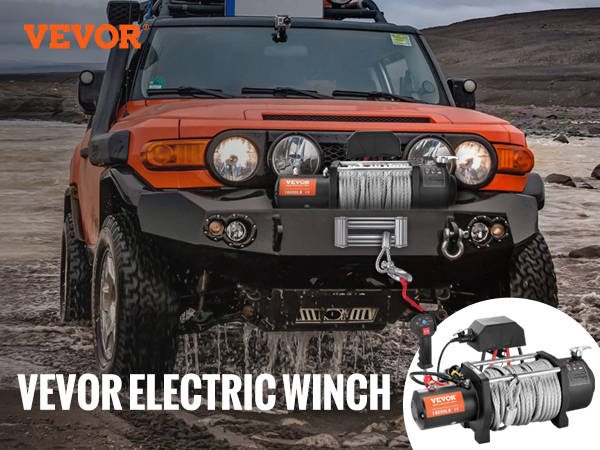 VEVOR electric winch mounted on an orange off-road vehicle crossing a river, showcasing its power.