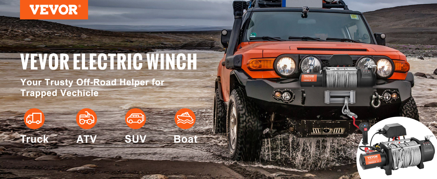 VEVOR electric winch mounted on an orange off-road vehicle crossing a river, showcasing its power.