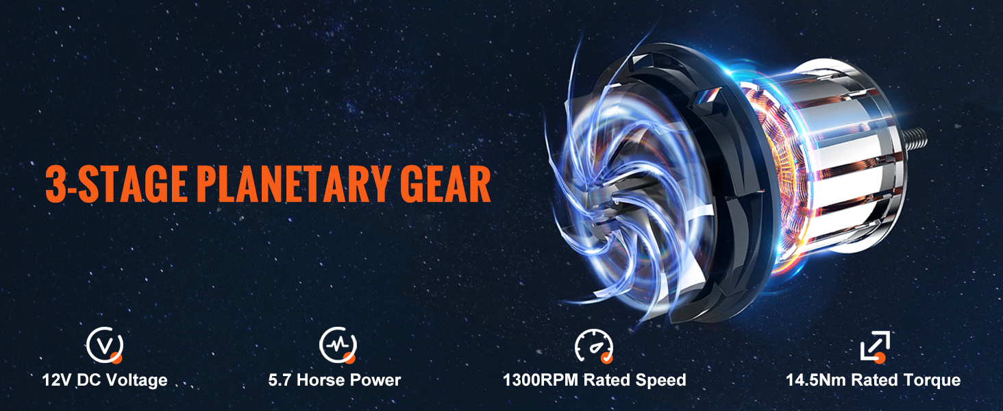 3-stage planetary gear of VEVOR electric winch, 12v dc, 5.7hp, 1300rpm, 14.5nm torque.