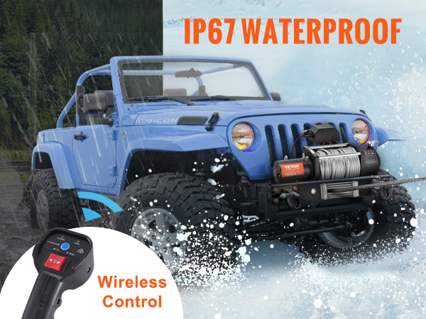 blue off-road vehicle with VEVOR electric winch and wireless remote, showcasing ip67 waterproof durability.