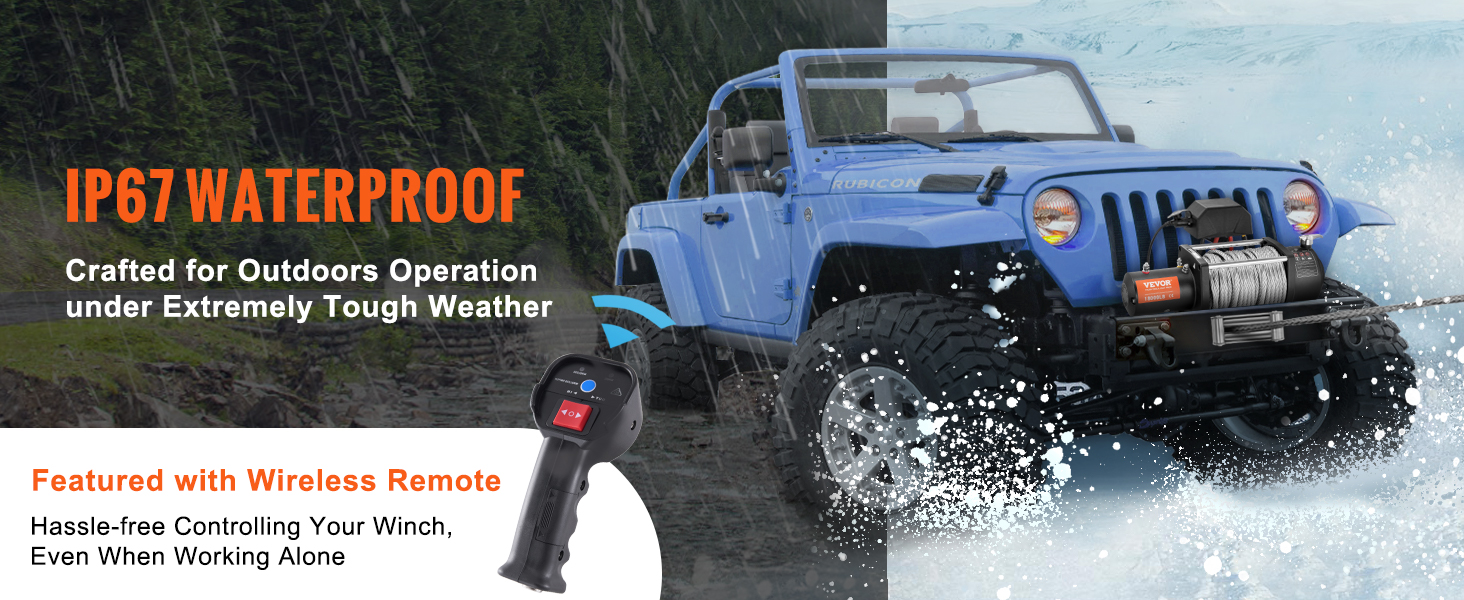 blue off-road vehicle with VEVOR electric winch and wireless remote, showcasing ip67 waterproof durability.