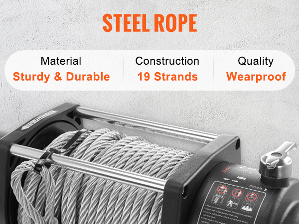 VEVOR electric winch with steel rope, 19-strand construction, sturdy, durable, and wearproof.