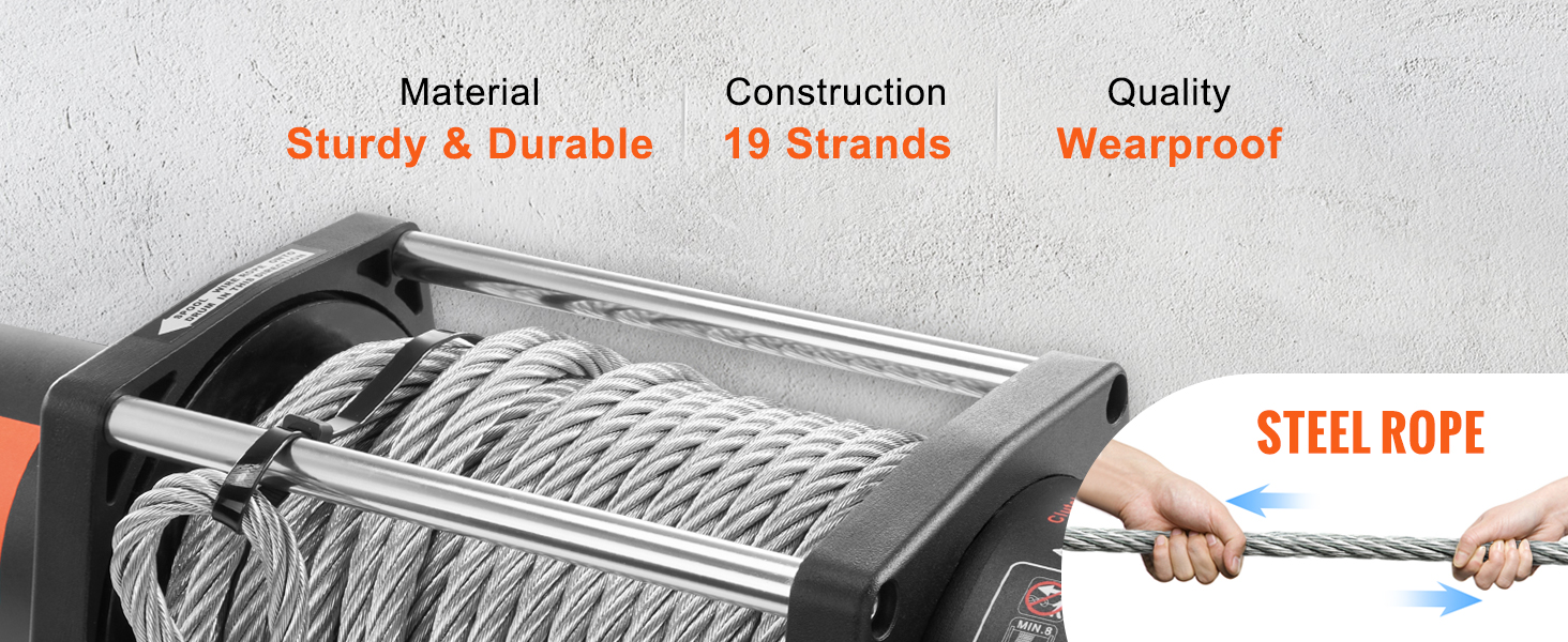 VEVOR electric winch with steel rope, 19-strand construction, sturdy, durable, and wearproof.