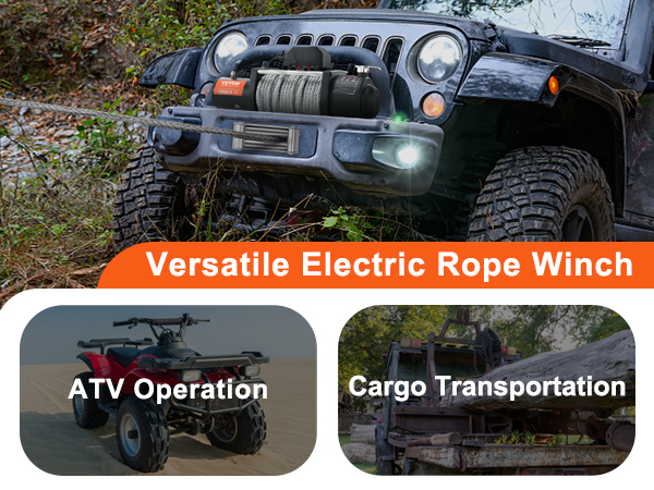 VEVOR electric winch pulling an off-road vehicle, with uses for cargo transportation and atv operation.