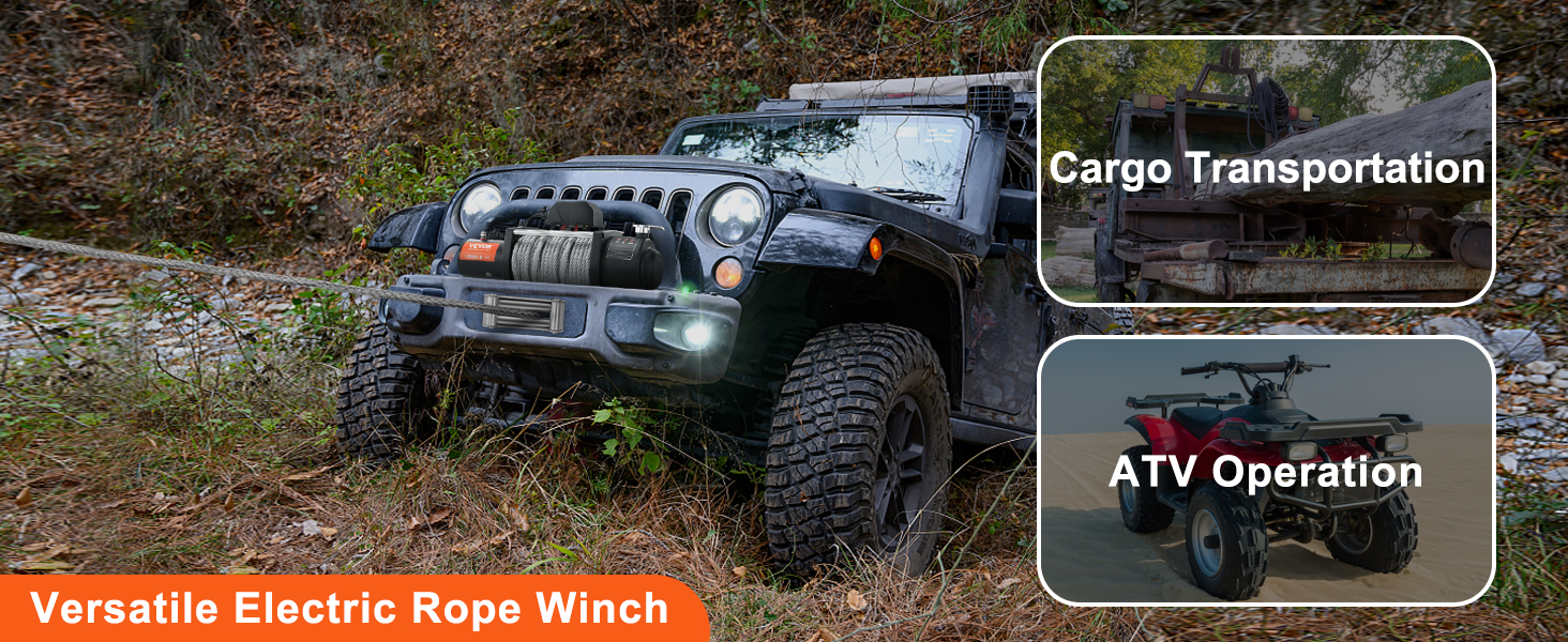 VEVOR electric winch pulling an off-road vehicle, with uses for cargo transportation and atv operation.