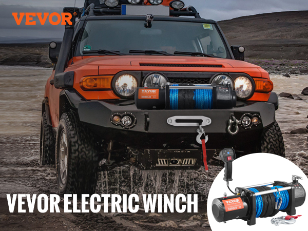 VEVOR elektriskā vinča uz oranžas apvidus automašīnas pie upes, demonstrējot tās izmantošanu kravas automašīnām, apvidus automobiļiem, apvidus automobiļiem un laivām.