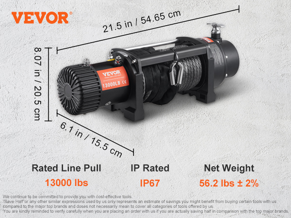 VEVOR electric winch 13,000 lb with 2-in-1 remote control, ip67 rating, accessories detailed.