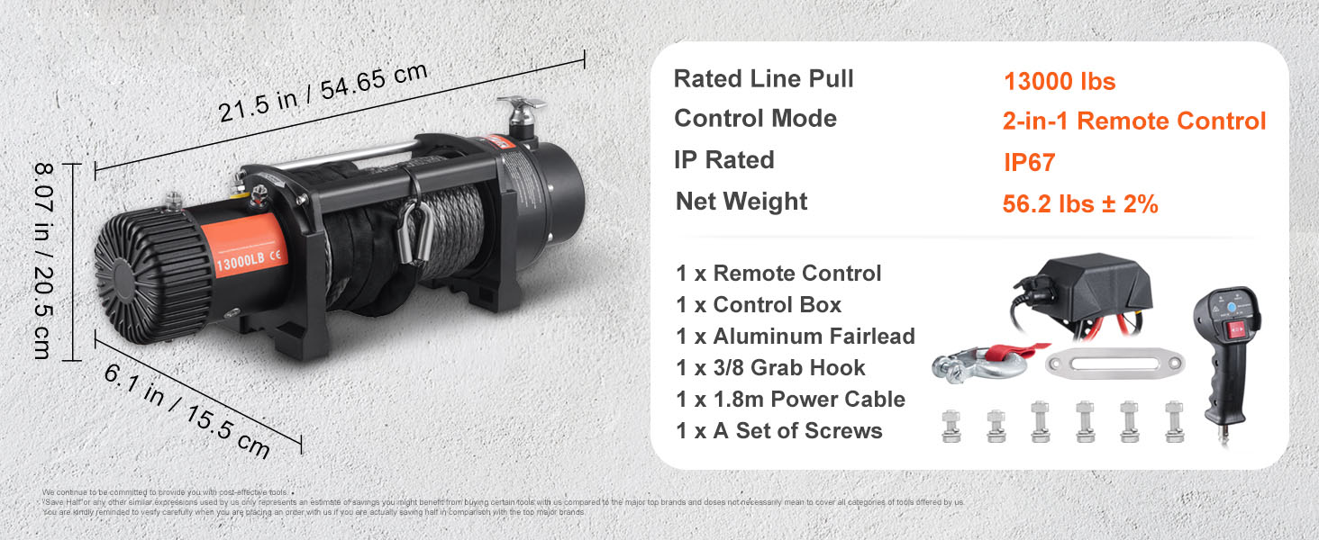 VEVOR electric winch 13,000 lb with 2-in-1 remote control, ip67 rating, accessories detailed.
