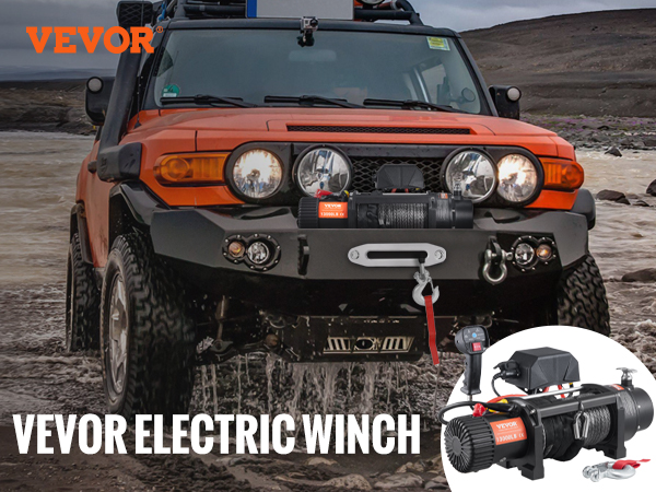 VEVOR electric winch 13,000 lb mounted on an suv in a rugged landscape, designed for off-road recovery.