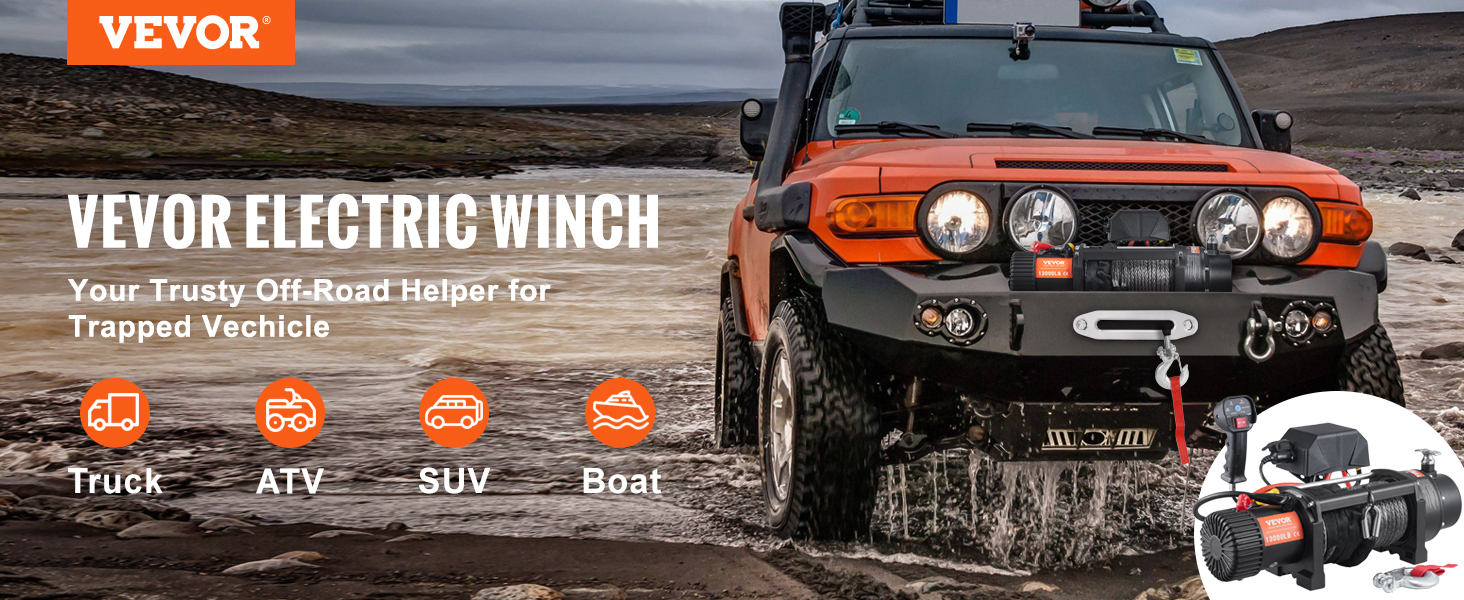 VEVOR electric winch 13,000 lb mounted on an suv in a rugged landscape, designed for off-road recovery.