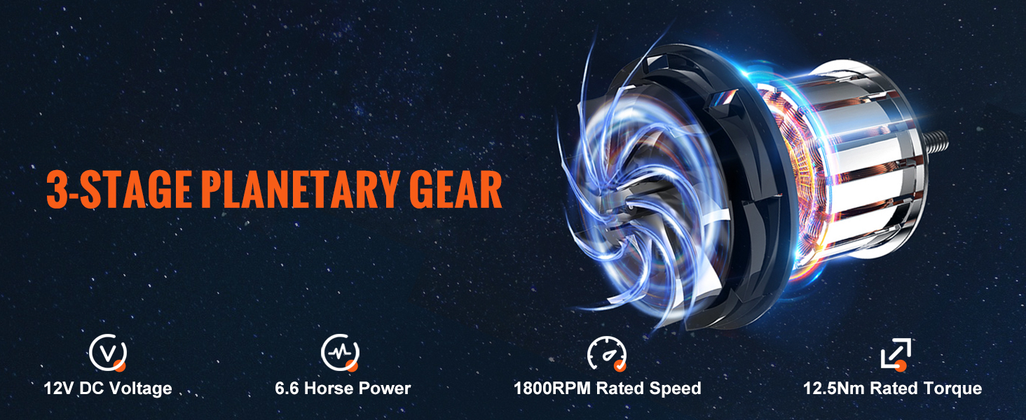 3-stage planetary gear for VEVOR electric winch 13,000 lb with 12v dc voltage, 6.6 horsepower, 1800rpm.
