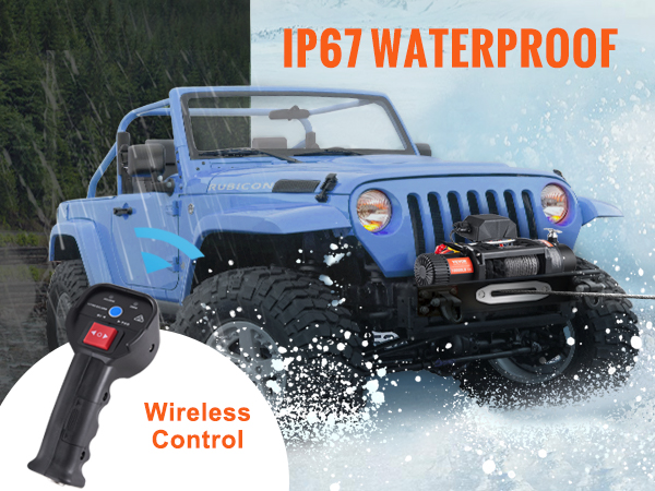 VEVOR electric winch 13,000 lb showcased on a blue off-road vehicle with ip67 waterproof rating.