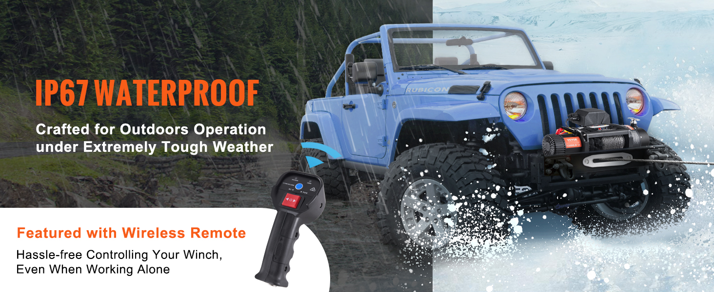 VEVOR electric winch 13,000 lb showcased on a blue off-road vehicle with ip67 waterproof rating.