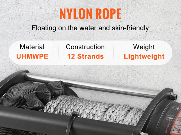 VEVOR electric winch 13,000 lb, uhmwpe 12-strand nylon rope, lightweight, water-floating, and skin-friendly.