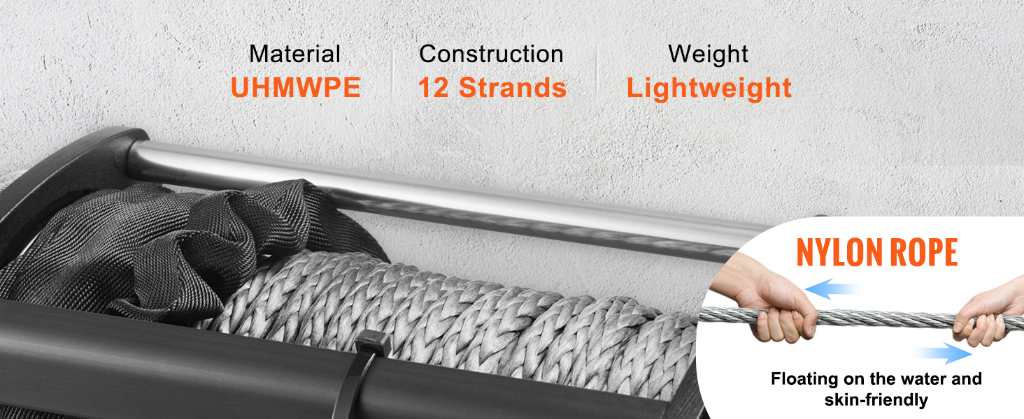 VEVOR electric winch 13,000 lb, uhmwpe 12-strand nylon rope, lightweight, water-floating, and skin-friendly.