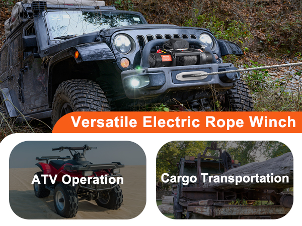 off-road vehicle using VEVOR electric winch 13,000 lb in forest; inset images of cargo and atv operations.