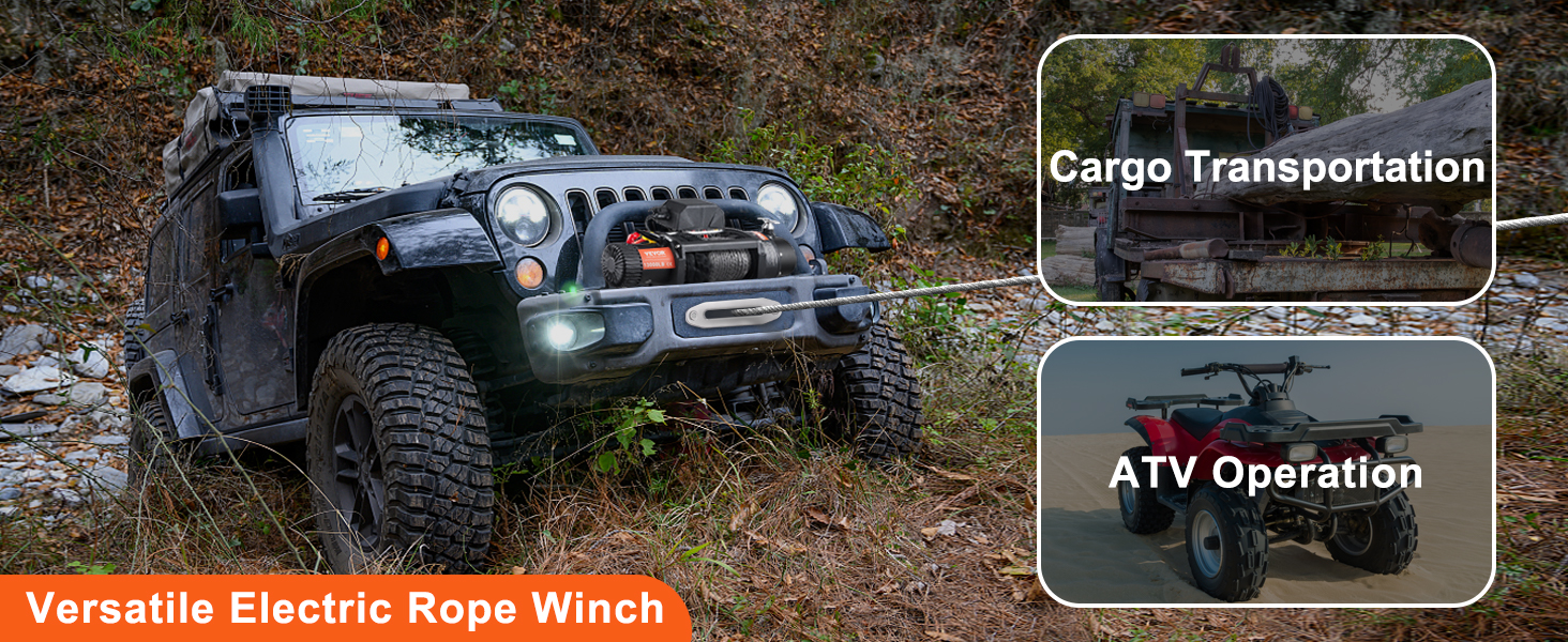 off-road vehicle using VEVOR electric winch 13,000 lb in forest; inset images of cargo and atv operations.