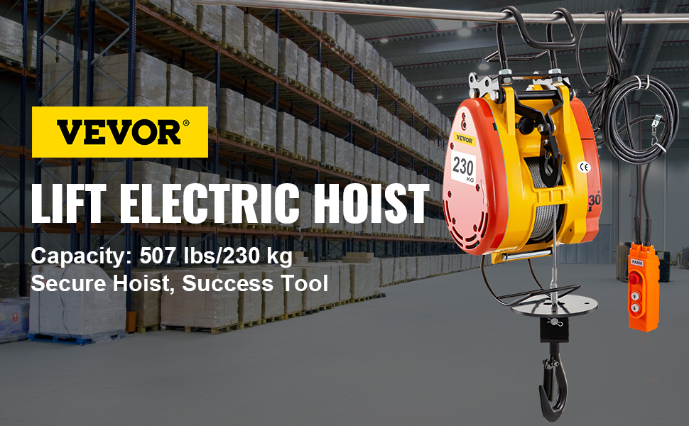 VEVOR electric chain hoist in warehouse, 507 lbs/230 kg capacity, secure lifting tool.