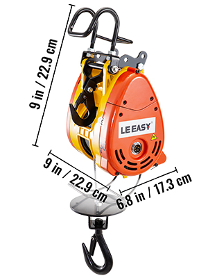 orange and yellow VEVOR electric chain hoist with measurements.