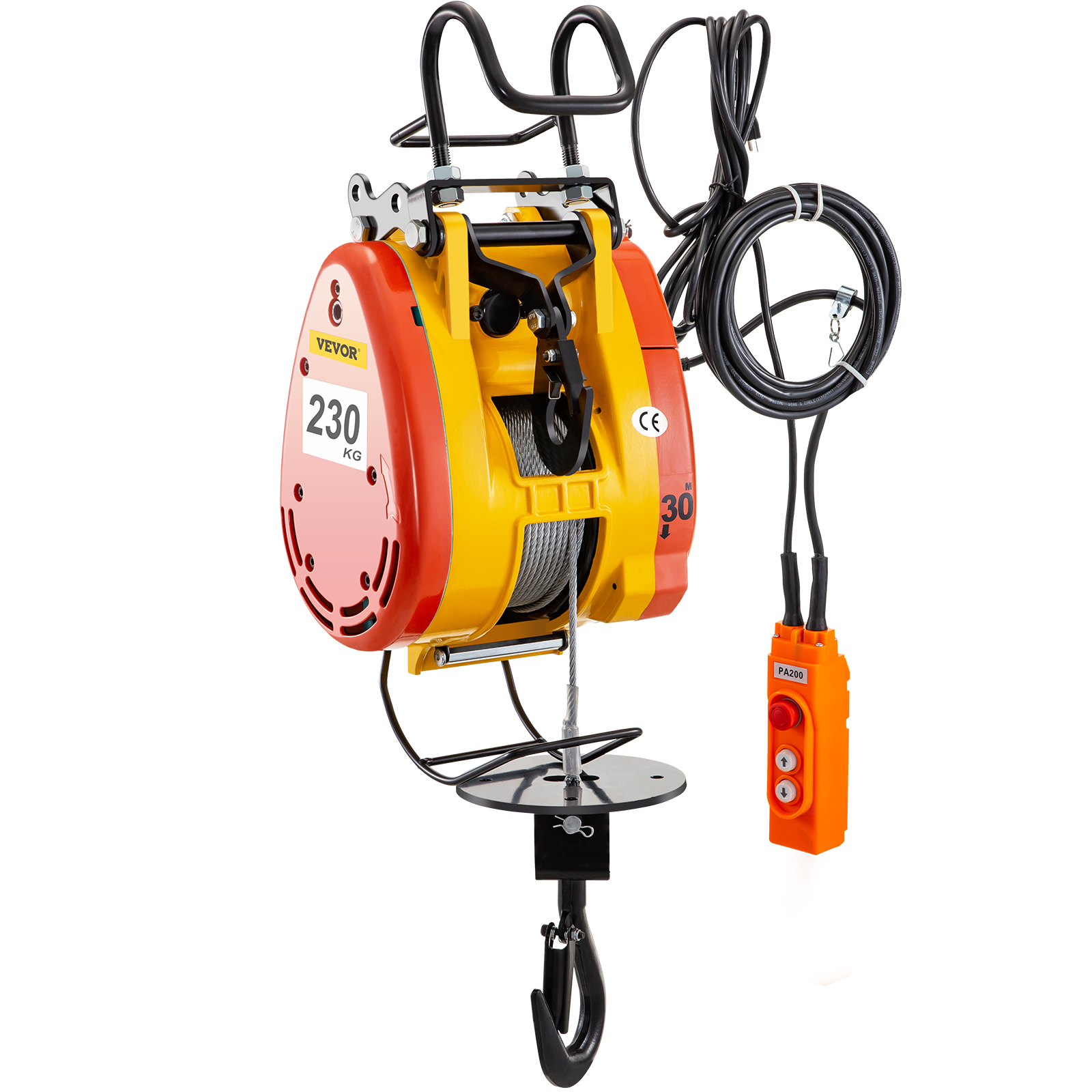 VEVOR electric chain hoist with 230kg capacity and remote control unit.