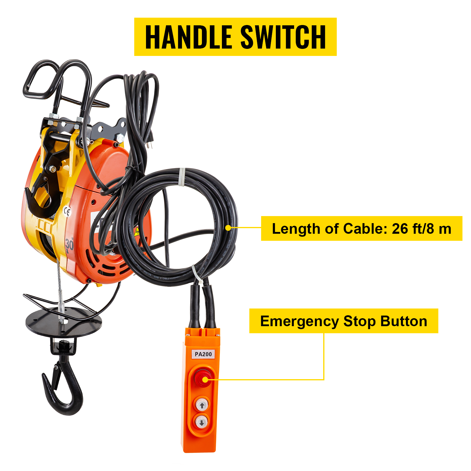 VEVOR electric chain hoist with 26 ft cable and emergency stop button.