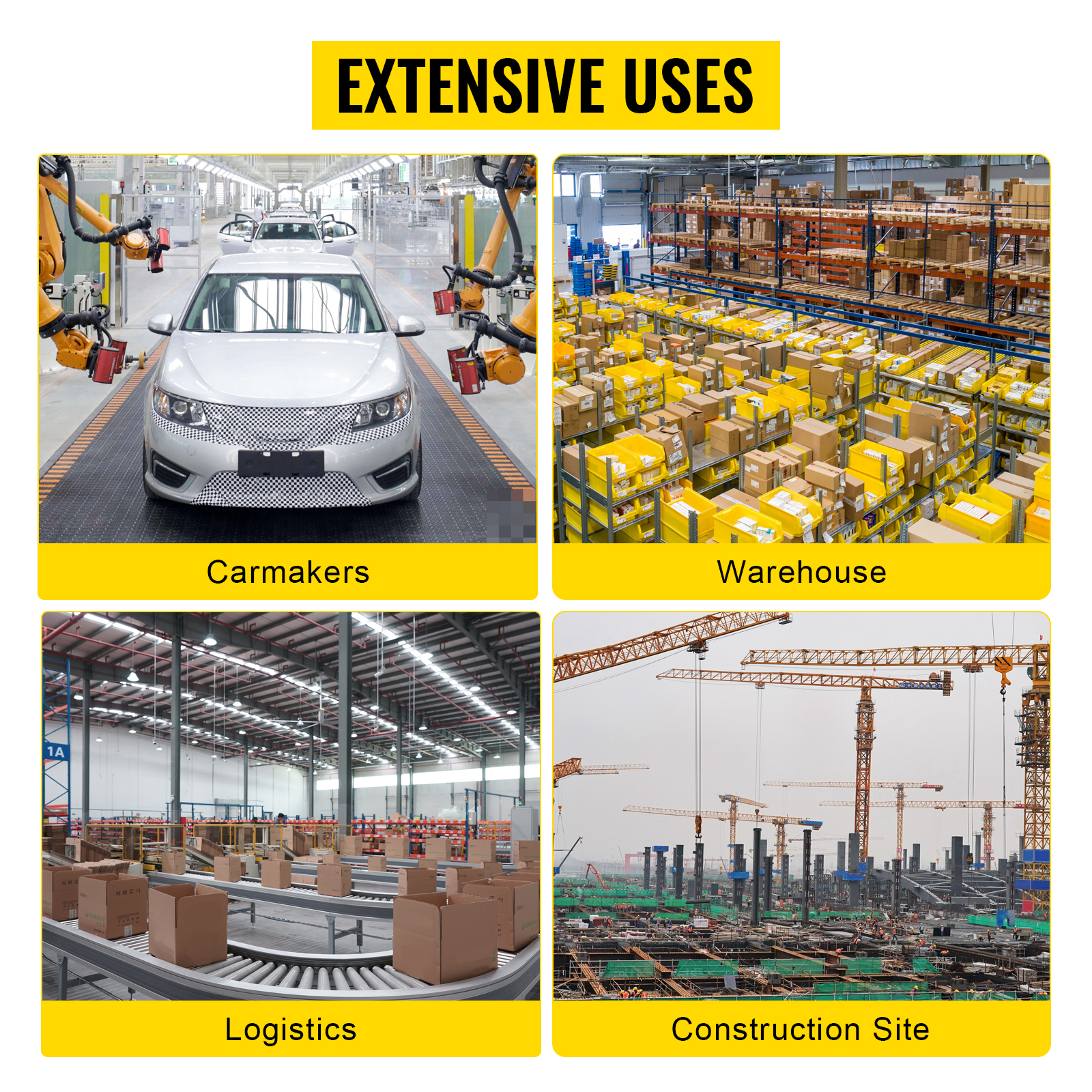 VEVOR electric chain hoist in carmakers, warehouse, logistics, construction site.