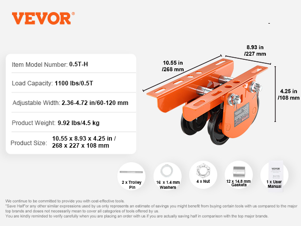 VEVOR elektriskais pacēlājs, 0,5 t-h, 1100 lbs, regulējams platums 2,36-4,72 collas, izmēri 10,55 x 8,93 x 4,25 collas